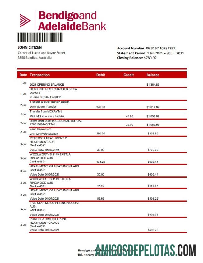 Exemplo de extrato bancário Xls da Austrália Bendigo e Adelaide Bank